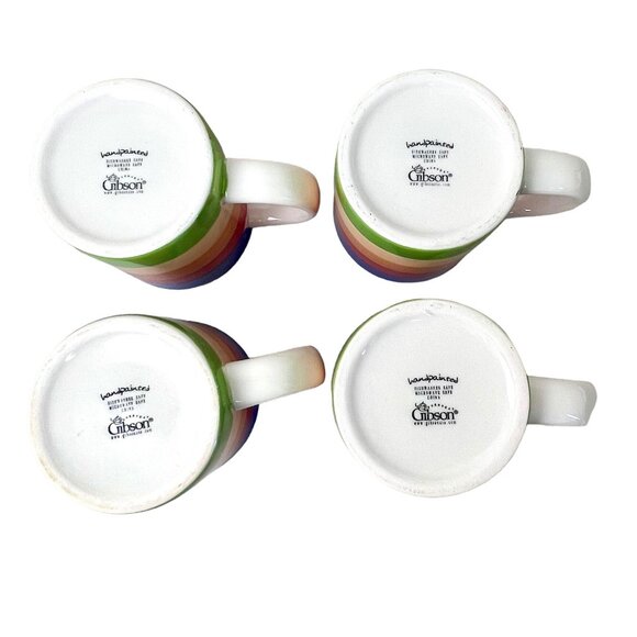 Set Of 4 Gibson Hand-Painted Ceramic Rainbow Stripe Coffee Mugs 12 oz -3 3/4" H - Picture 3 of 5